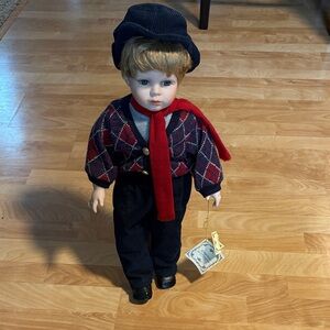 KINGSTATE Navy and Red Argyle Doll BOY 22” Porcelain